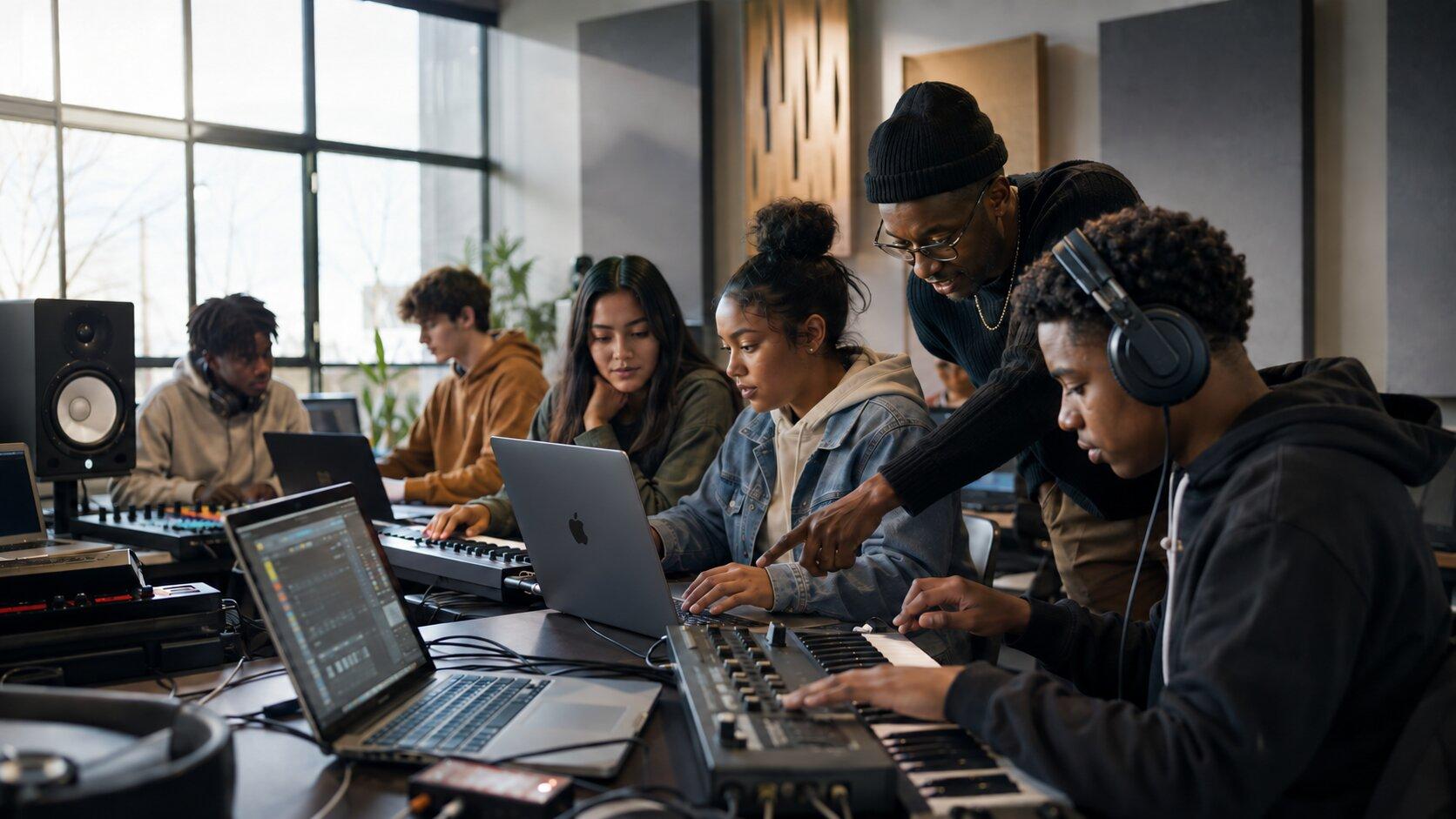 Students at laptops and keyboards in a music production classroom while an instructor leans in to guide them