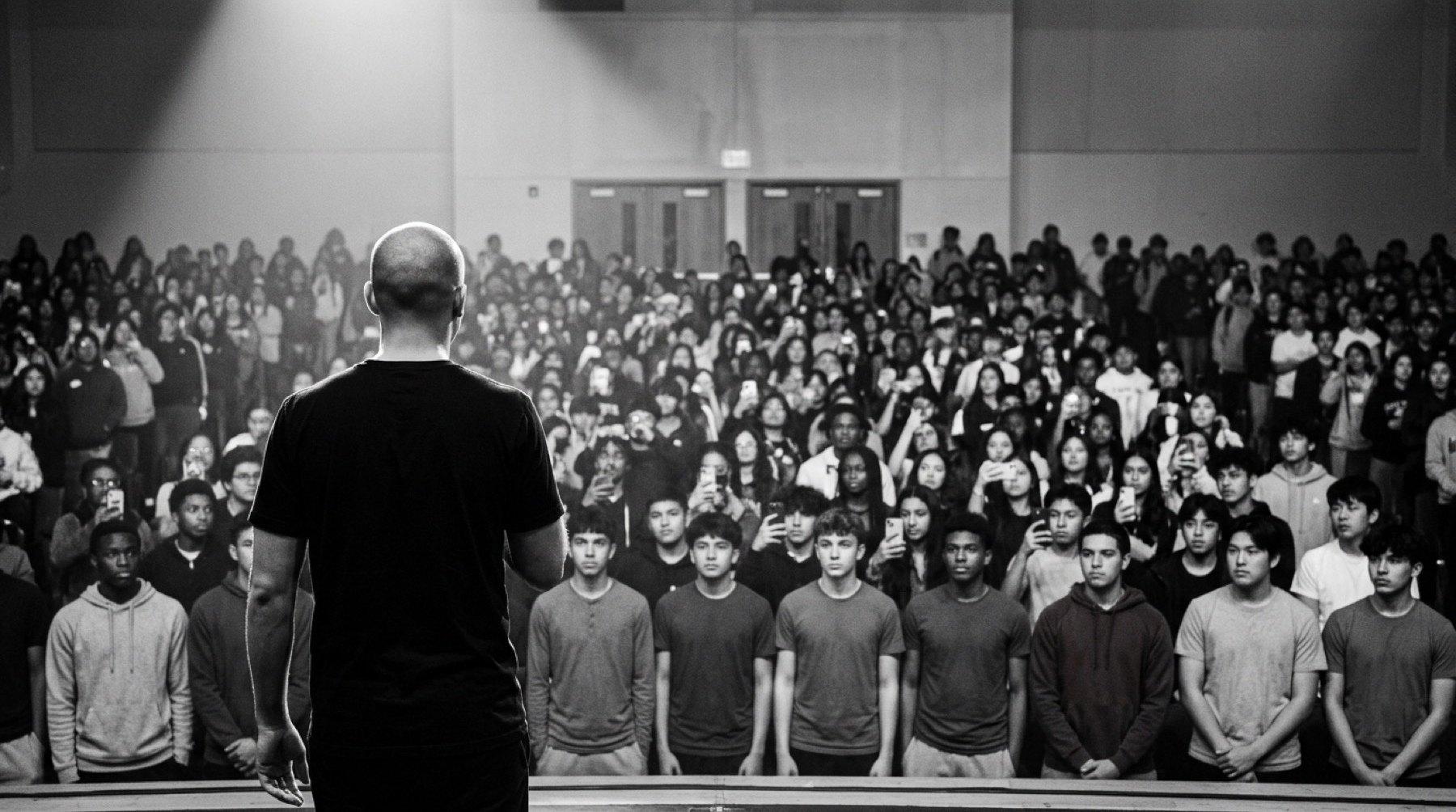 A speaker on stage facing a packed auditorium of young people